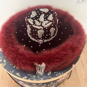 Luxury Vtg Kokin‎ Red Real Fur Rhinestone Wide Brim Formal Church Hat, Party